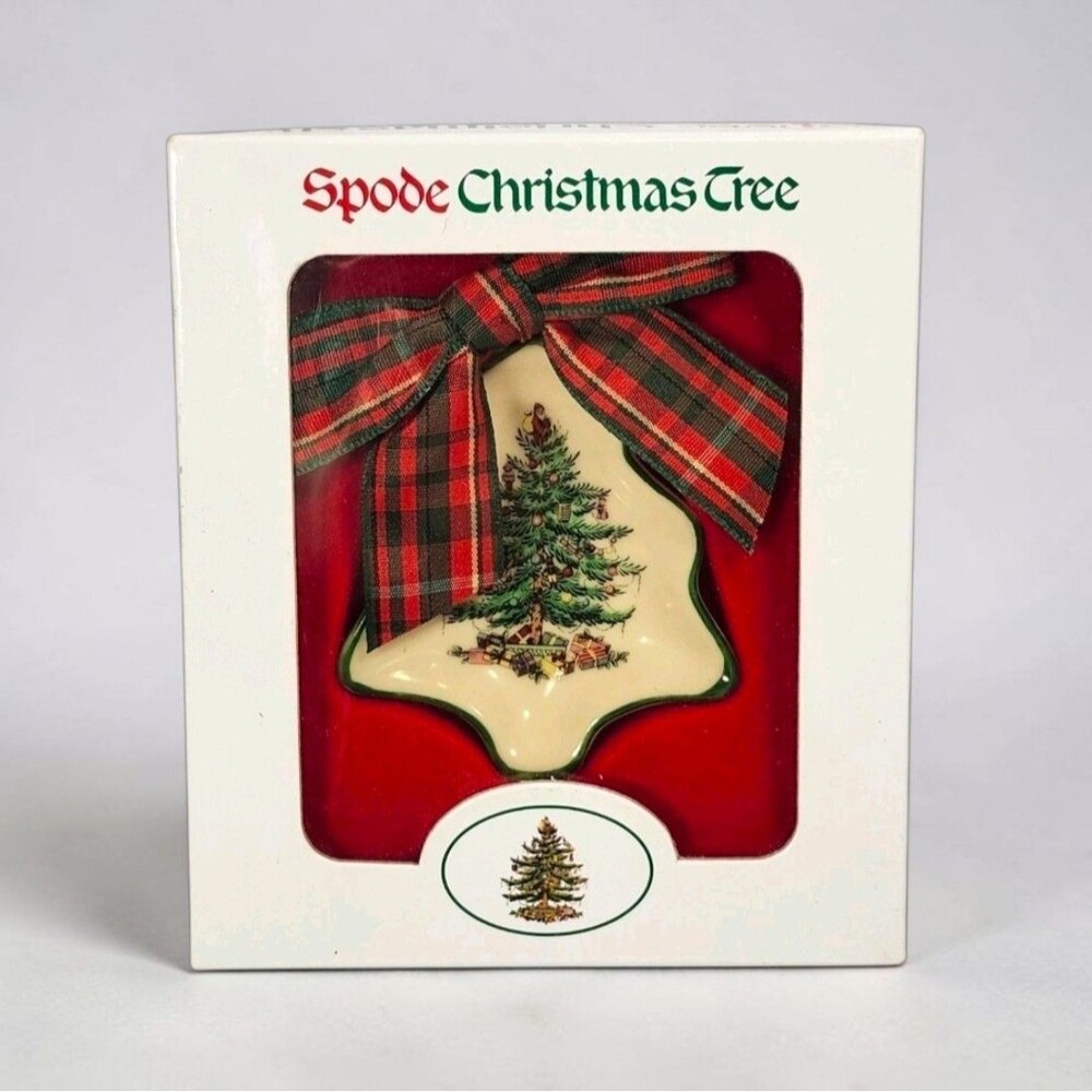 Spode Christmas Tree Ornament w/ Box Plaid Bow Porcelain Holiday Collectible